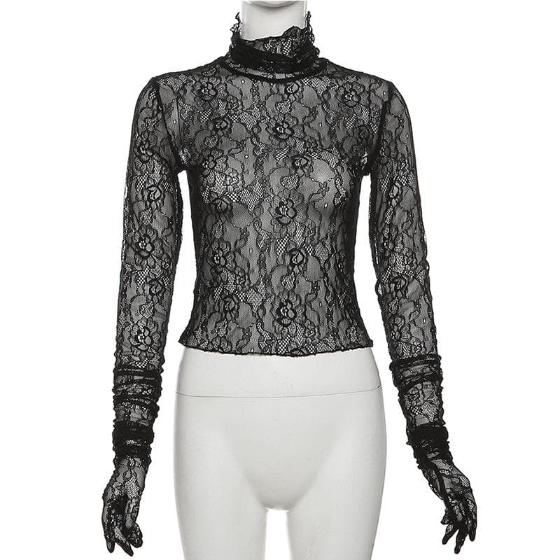 Lace see through gloves turtle neck solid long sleeve top