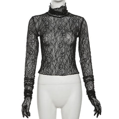 Lace see through gloves turtle neck solid long sleeve top