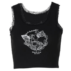 Lace hem butterfly pattern contrast sleeveless ribbed crop top