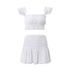 Smocked solid cap sleeve ruffle button mini skirt set