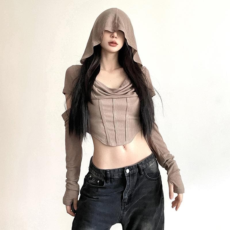 Hoodie cowl neck hollow out long sleeve corset crop top