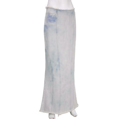 Tie dye raw hem zip-up slit midi skirt