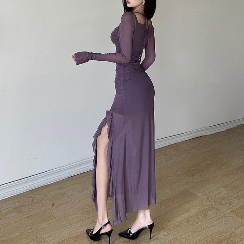 Mesh ruffle solid long sleeve ruched self tie slit maxi dress