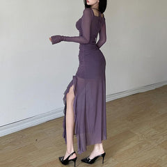 Mesh ruffle solid long sleeve ruched self tie slit maxi dress