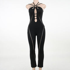 Rückenfreier Jumpsuit mit Schnürung, ausgehöhltem Neckholder und O-Ring 