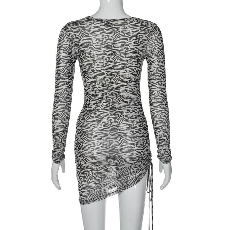 Zebra print hollow out irregular long sleeve sheer mesh see through mini dress