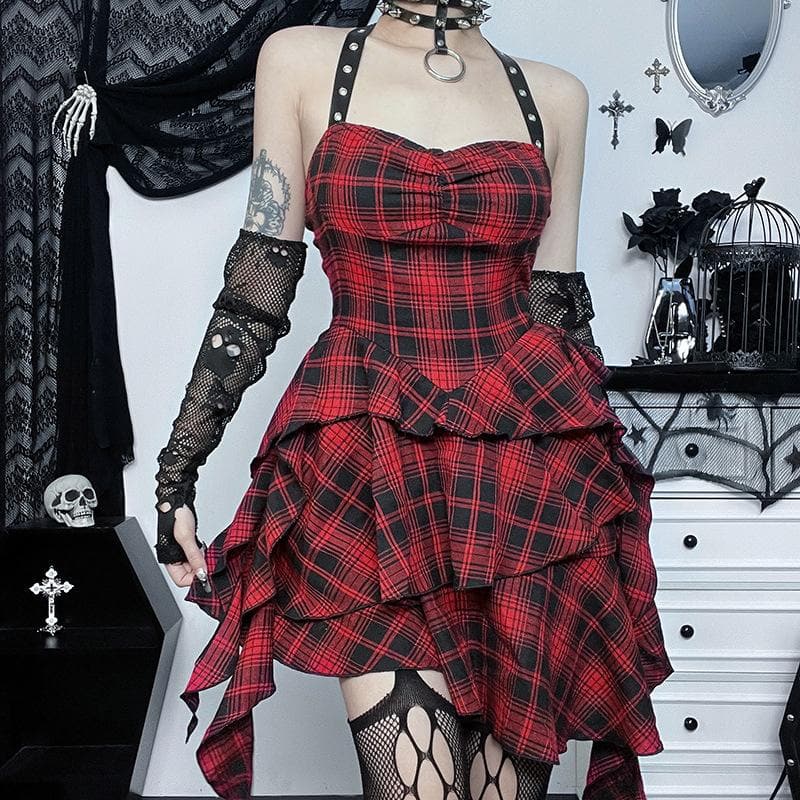 Rückenfreies Minikleid mit Neckholder und Reißverschluss, kontrastierendem, unregelmäßigem Karomuster | viktorianische Gothic-Kleider