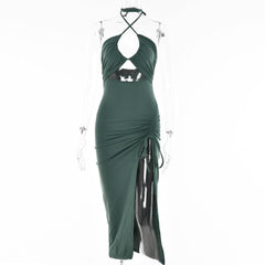 Drawstring halter self tie backless slit hollow out ruched midi dress