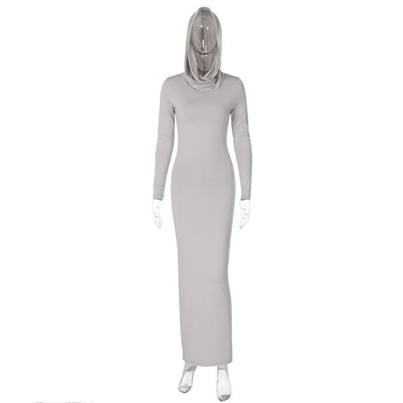 Hoodie solid long sleeve cowl neck slit maxi dress