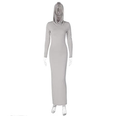 Hoodie solid long sleeve cowl neck slit maxi dress