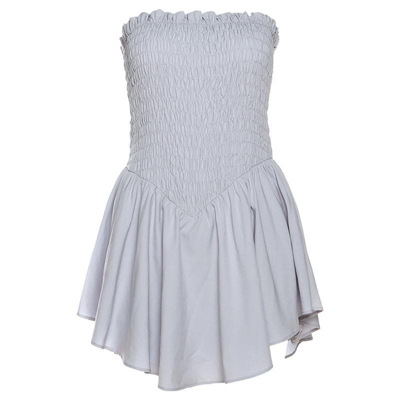 Smocked ruched solid ruffle backless tube mini dress