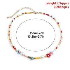 Beaded multicolor faux pearl flower clay choker necklace