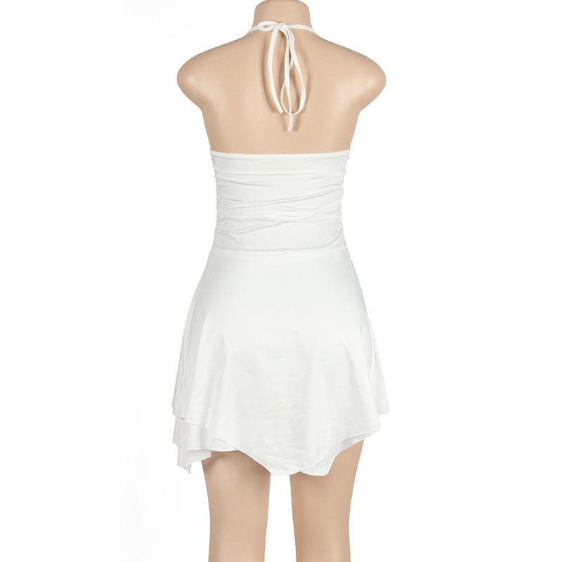 Halter self tie backless irregular ruched mini dress