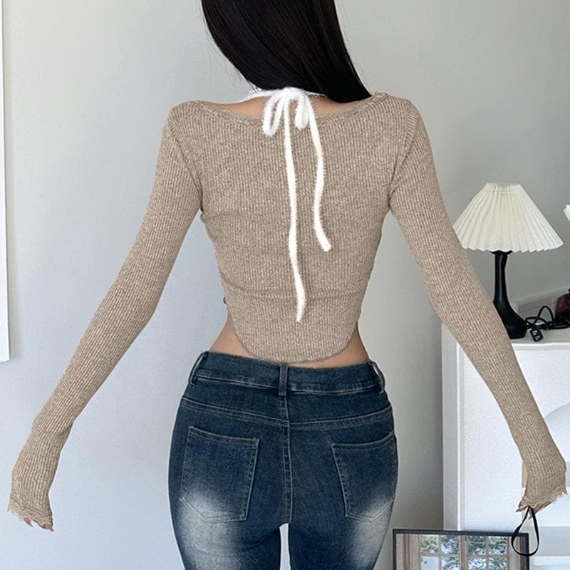 Bowknot fluffy halter patchwork long sleeve ruffle crop top