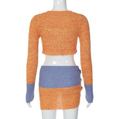 Knitted patchwork contrast long sleeve hollow out mini skirt set