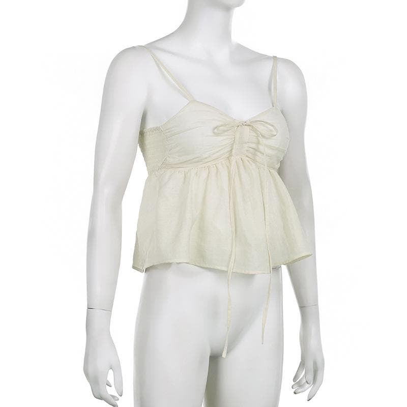 Solid ruched ruffle v neck smocked self tie cami top - Final Sale