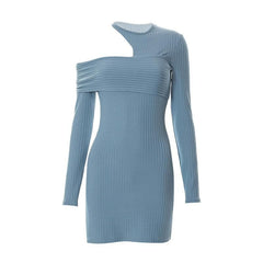 Irregular off shoulder ribbed solid ribbed long sleeve mini dress