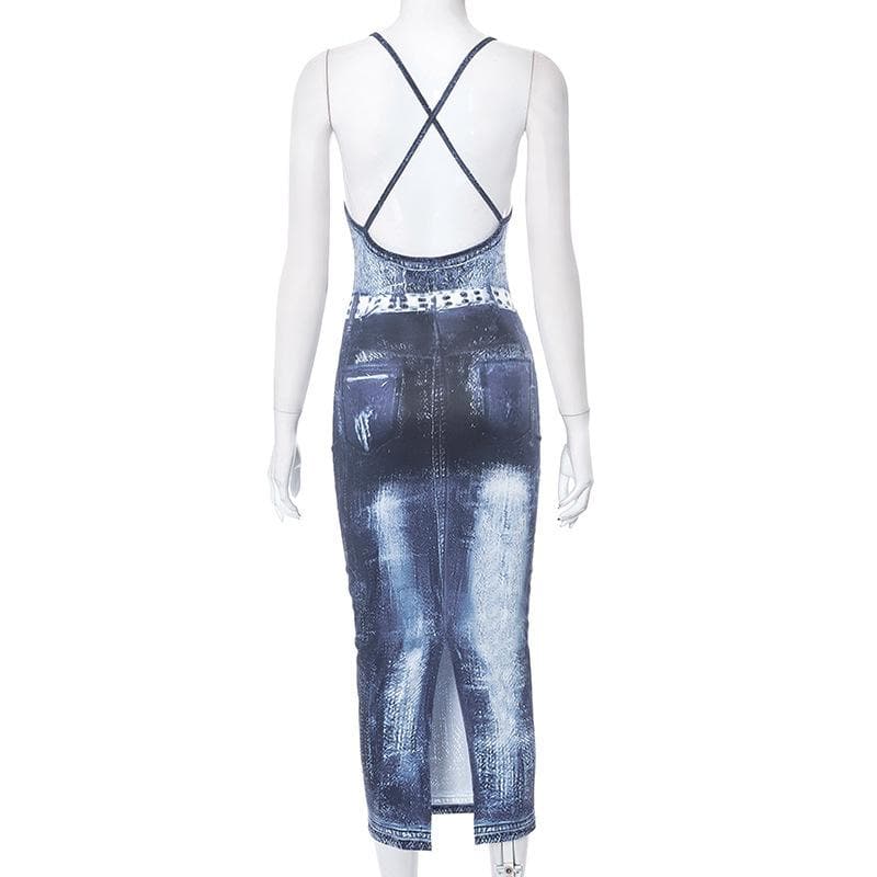 Cross back u neck backless denim print contrast slit midi dress