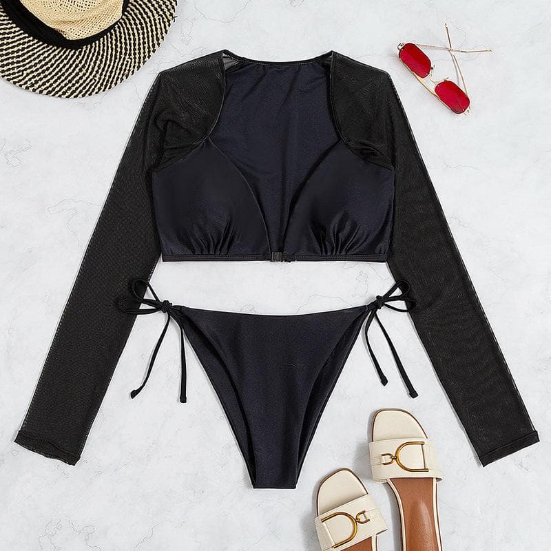 Mesh solid mesh long sleeve bikini swimwear