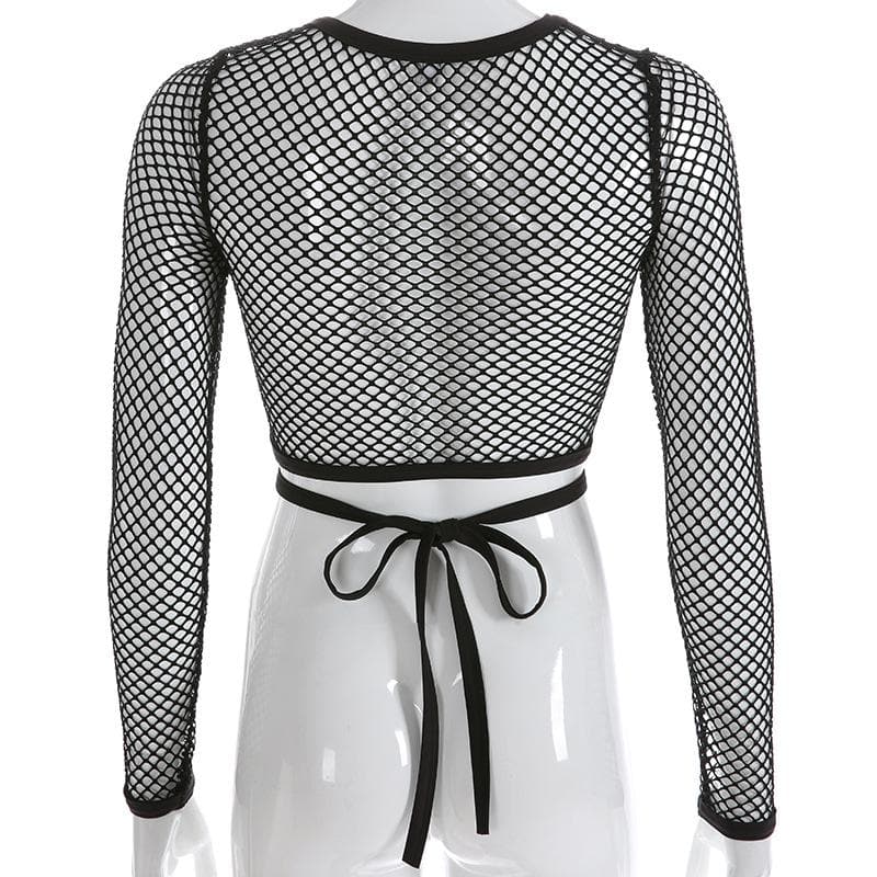 Round neck long sleeve tie back fishnet top