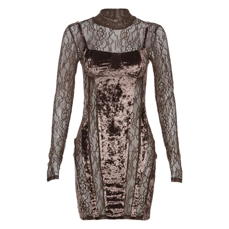 Velvet patchwork high neck long sleeve lace mini dress