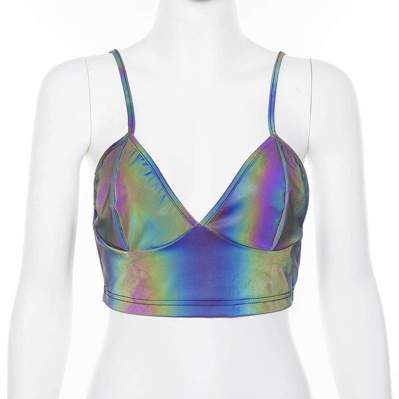 Rückenfreies Camisole-Crop-Top mit V-Ausschnitt in Laser-Metallic