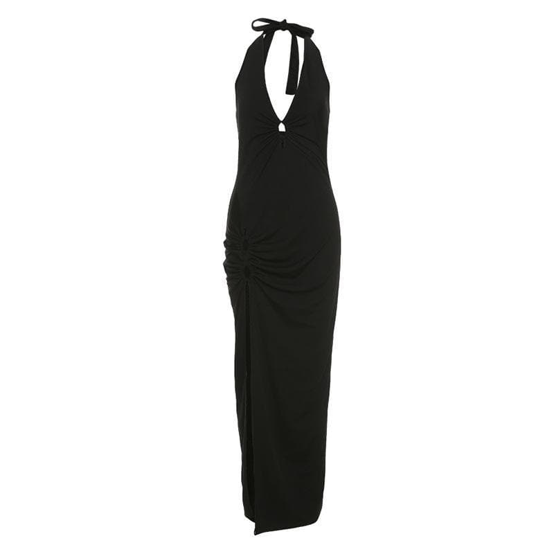 V neck hollow out ring slit solid maxi dress