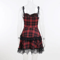 Zip-up lace hem lace up plaid backless mini dress