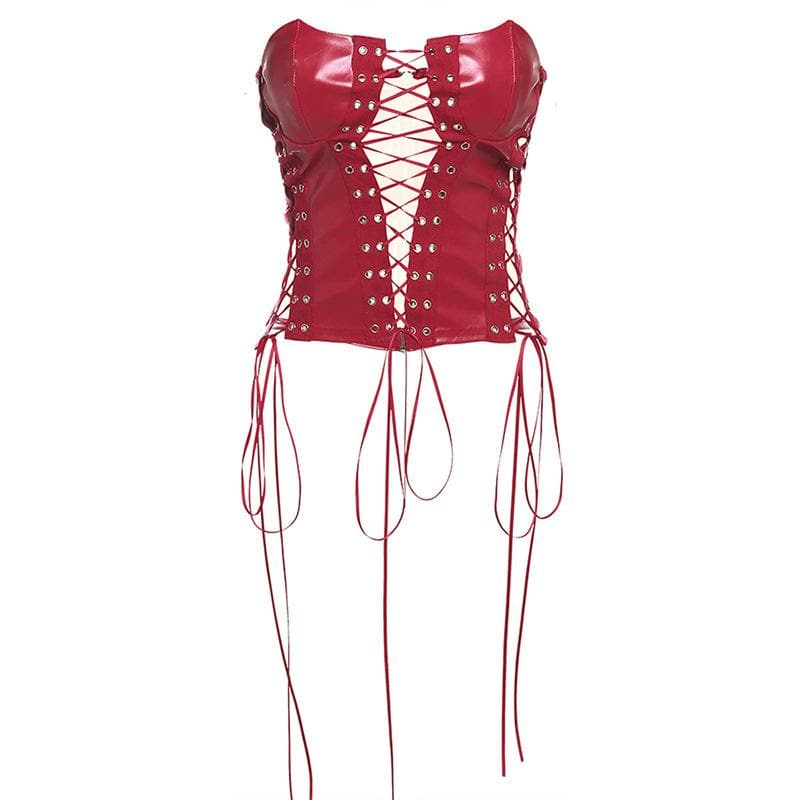 Lace up zip-up PU leather solid corset tube top