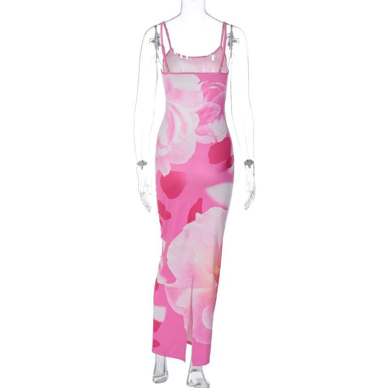 Flower print contrast u neck backless slit cami maxi dress