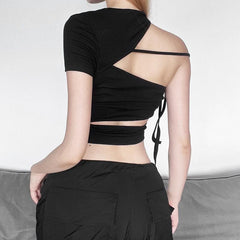 Irregular one shoulder self tie hollow out solid crop top