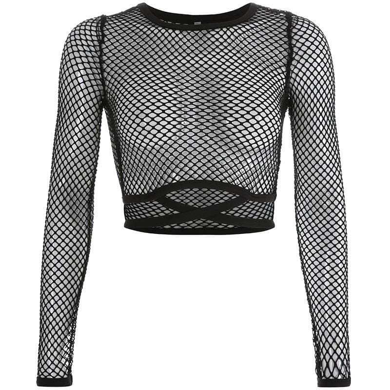 Round neck long sleeve tie back fishnet top