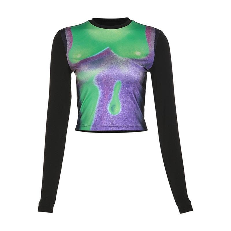 Long sleeve contrast abstract print crewneck crop top