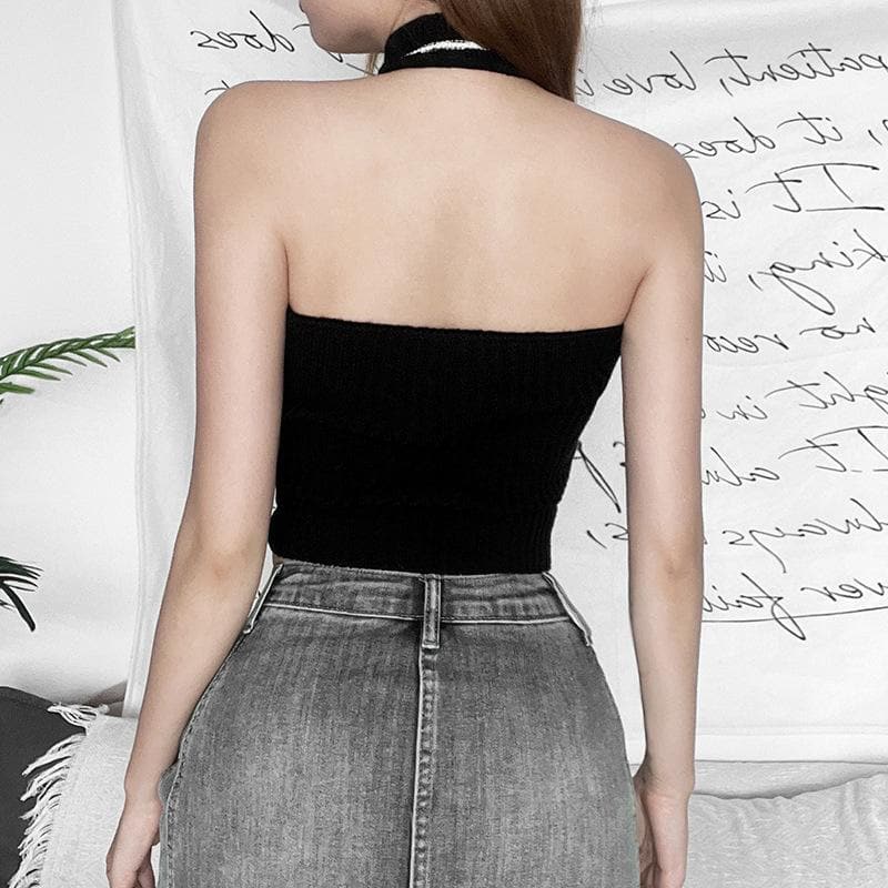 Knitted cross front halter contrast backless hollow out crop top