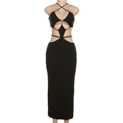 Cross front hollow out o ring backless low cut maxi dress