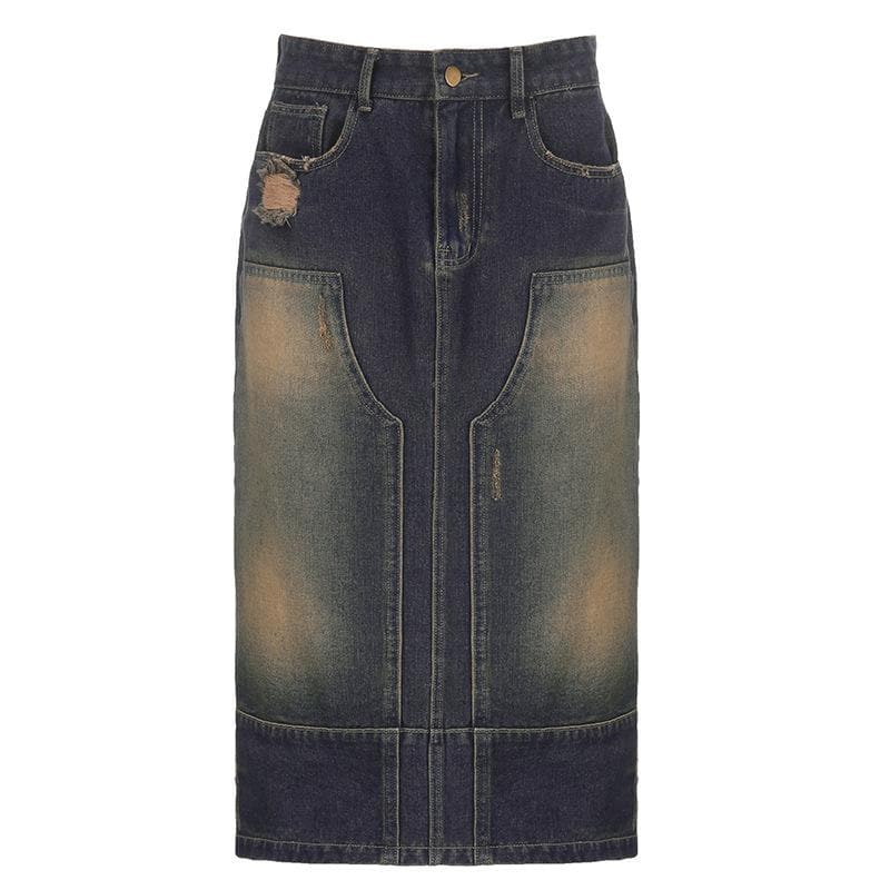 Patchwork contrast ripped pocket denim midi skirt