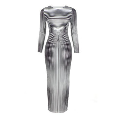 Striped print long sleeve crewneck contrast maxi dress