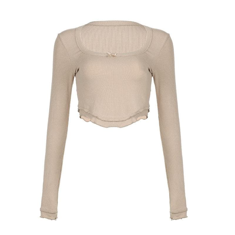 Ruched ruffle long sleeve u neck ribbed solid crop top