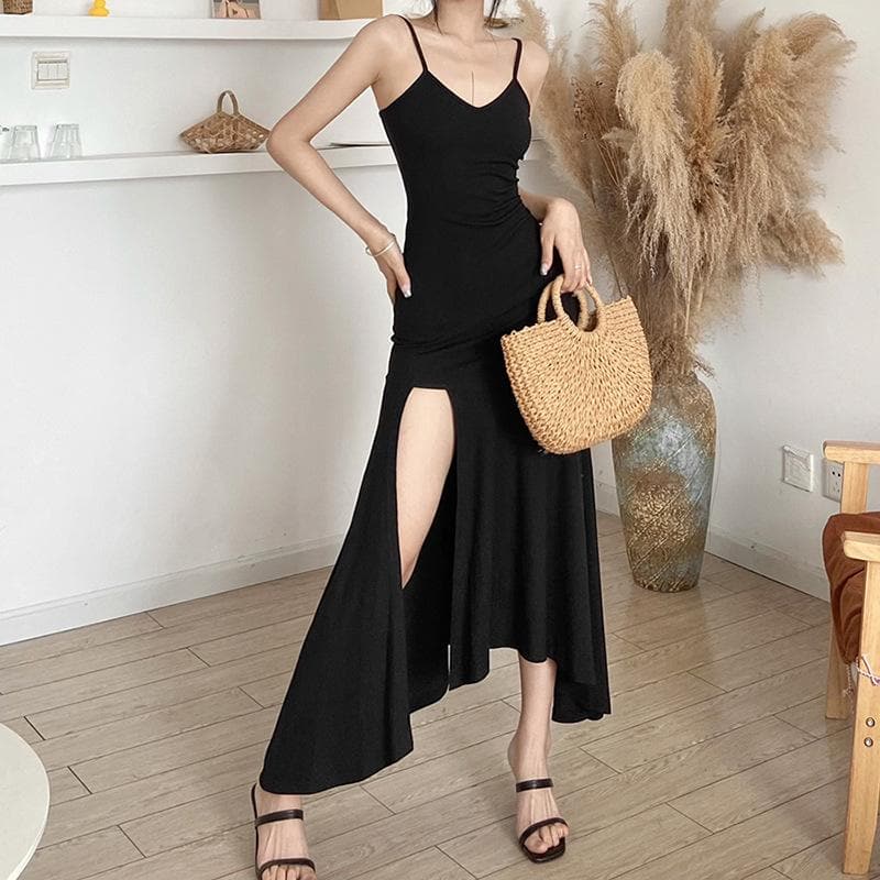 Slit v neck solid irregular ruched cami maxi dress