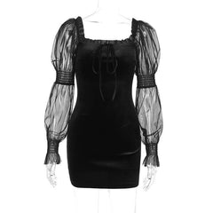 Velvet long puff sleeve ruffle mesh ruched square neck mini dress