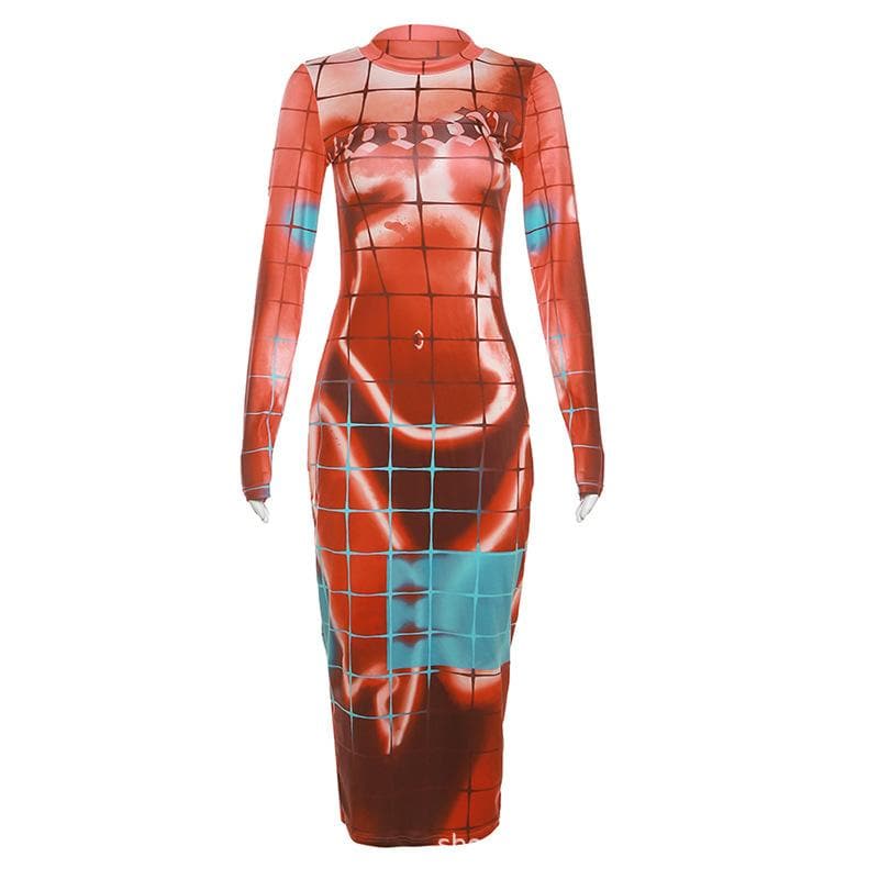 Langärmliges Midikleid mit Rundhalsausschnitt und kariertem Kontrast-Bodyprint