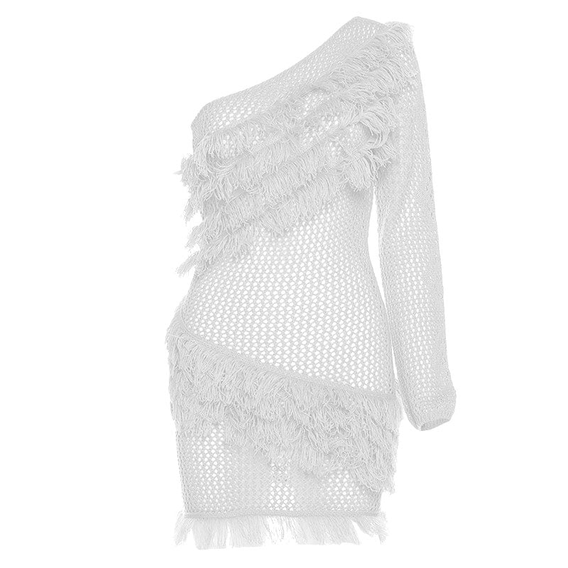 Knitted raw hem solid long sleeve one shoulder crochet irregular mini dress