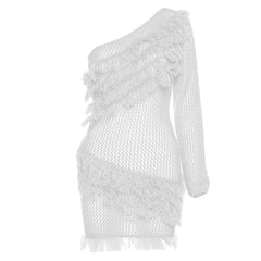 Knitted raw hem solid long sleeve one shoulder crochet irregular mini dress