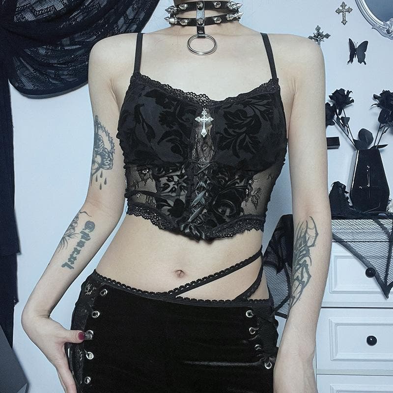 Lace patchwork solid cross applique lace up crop top