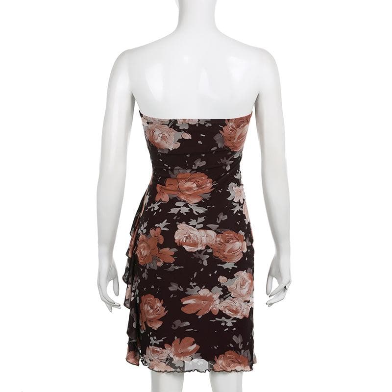 Mesh flower print contrast ruched ruffle backless tube mini dress