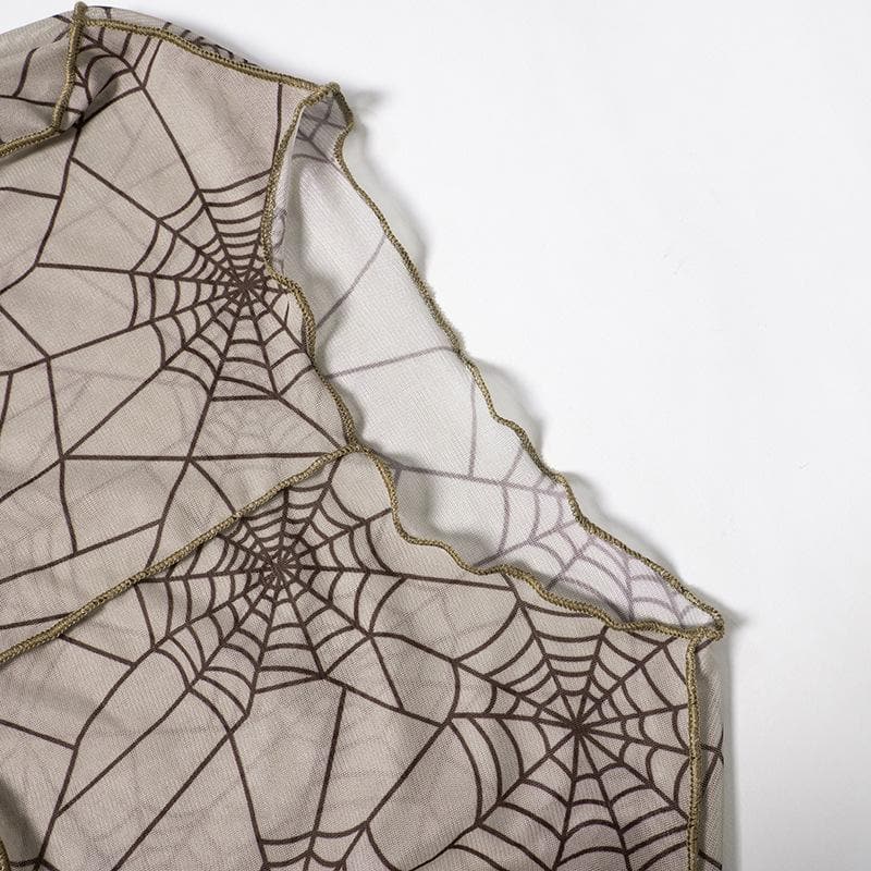 Spider web print long sleeve sheer mesh see through crop top