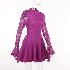 Lace hem long sleeve zip-up lace up backless solid ruffle mini dress