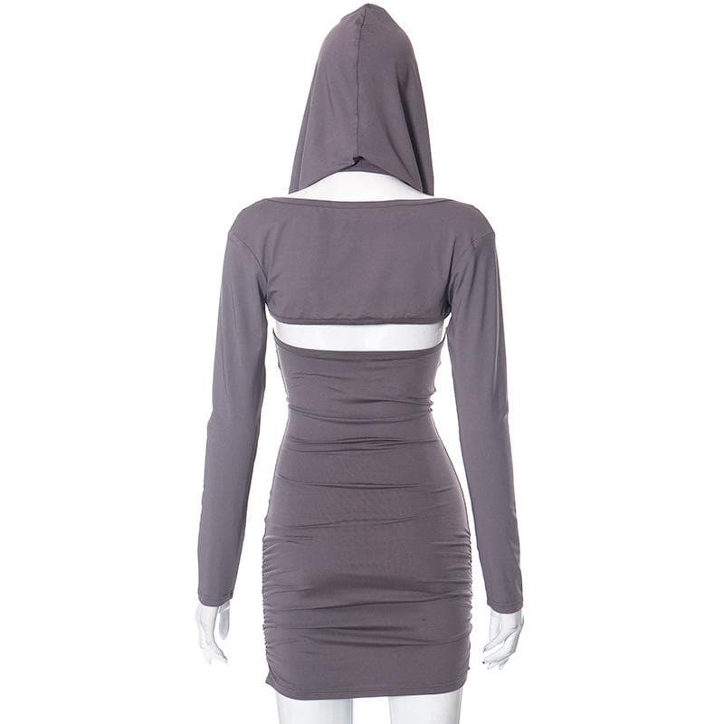 Hoodie ruched shrug long sleeve solid mini dress