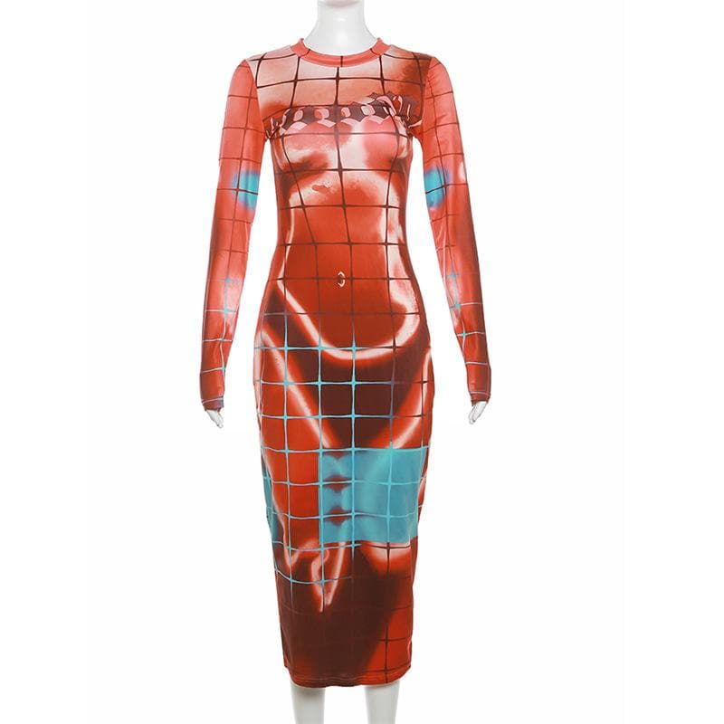 Langärmliges Midikleid mit Rundhalsausschnitt und kariertem Kontrast-Bodyprint