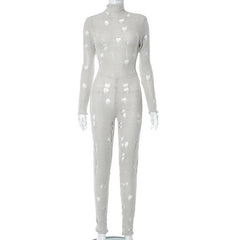 Gehäkelter, ausgehöhlter, hochgeschlossener, einfarbiger Jumpsuit mit Schnürung